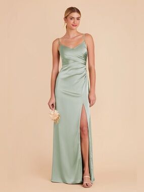 Birdy Grey Sage Green Satin Dress with Thigh Slit
